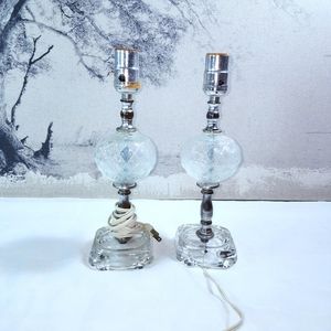 Set Of Vintage Mid Century Globe Lamps Opaque Diamond Pattern & Blue Lamp Shades